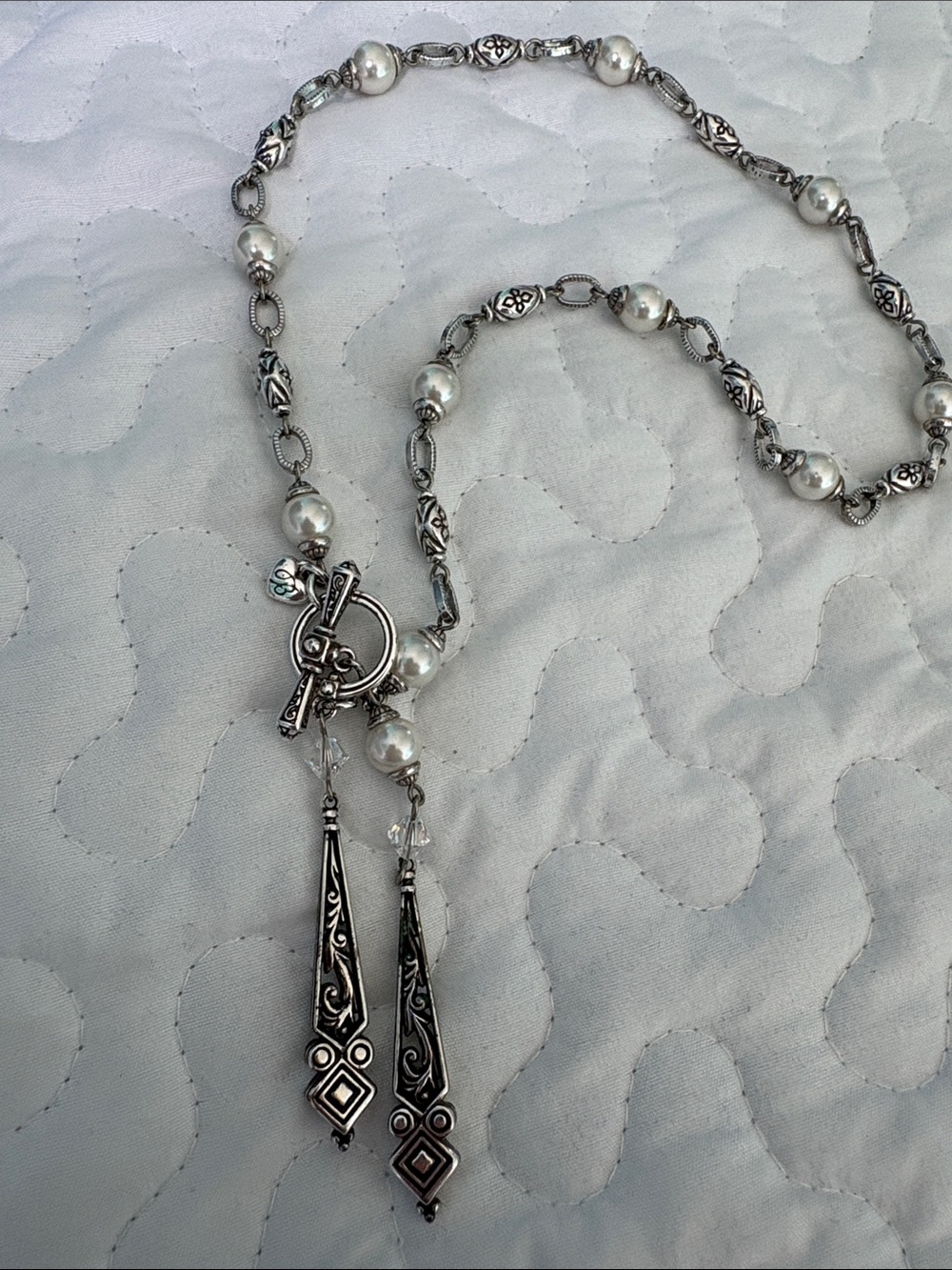 Brighton Silver-Tone Pearl Station Necklace with Filigree Tassel Drops